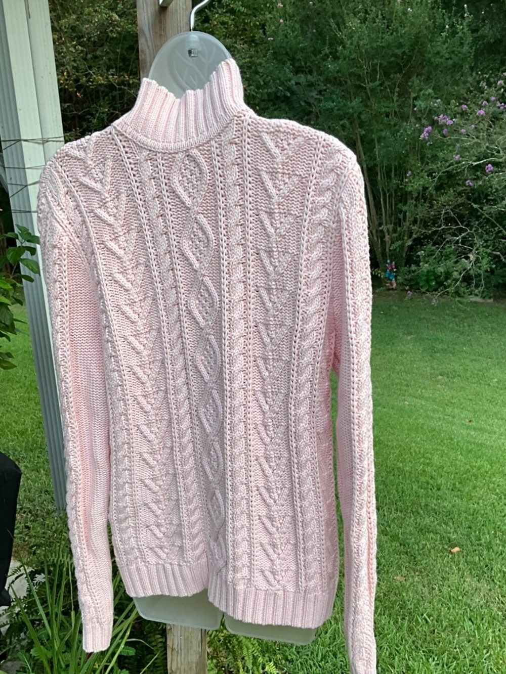 Title: Chaps • Ralph Lauren Pink CHANKY Cable Knit Mock Neck Sweater • Size L - Picture 8 of 9